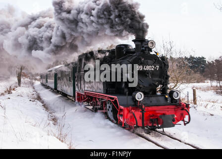 Train nostalgique 'Rasender Roland' en hiver snowscape Banque D'Images