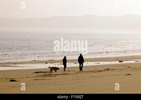 Tôt le matin, les promeneurs de chiens sur la plage de Carbis Bay, Cornwall, England, UK Banque D'Images