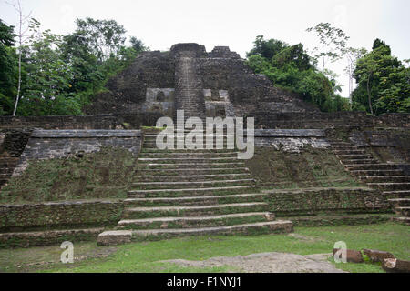Pyramide Temple élevé sur un jour de pluie au site Maya de Lamanai au Belize. Banque D'Images