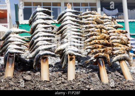 Espetos de préparation. Espetos sont broche avec des sardines dans un incendie typique de la Costa del Sol, Malaga, Espagne Banque D'Images