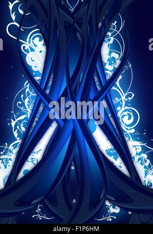 Blue Tree Concept Abstract Illustration numérique. Ornement floral blanc en arrière-plan. Cool design vertical. Banque D'Images