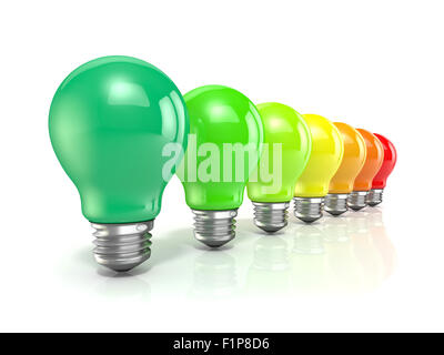 Concept d'efficacité énergétique avec les ampoules. Rendu 3D illustration isolé sur fond blanc Banque D'Images