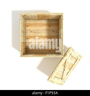 Ouverture des caisses en bois. Vue d'en haut. Rendu 3D illustration isolé sur fond blanc Banque D'Images