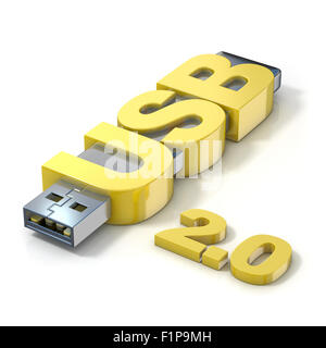 La mémoire flash USB 2.0, faite avec le mot clé USB. Rendu 3D illustration isolé sur fond blanc Banque D'Images