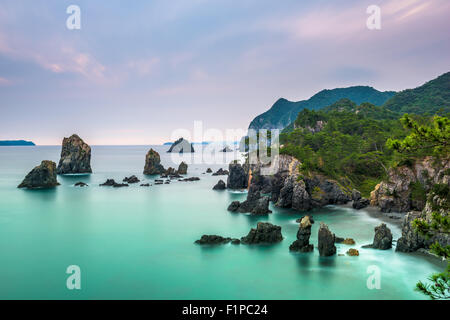 L'Île Omijima, Yamaguchi, Japon côte rocheuse sur la mer du Japon. Banque D'Images