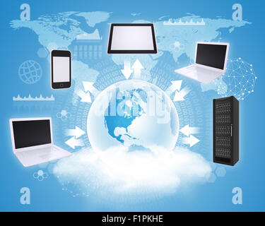 Terre avec des gadgets et carte du monde Banque D'Images