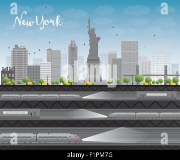 New York city skyline avec ciel bleu, nuages, yellow taxi et train Vector illustration Illustration de Vecteur