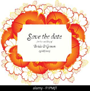 Carte d'invitation de mariage avec des coquelicots rouges et de feuilles de chêne Illustration de Vecteur
