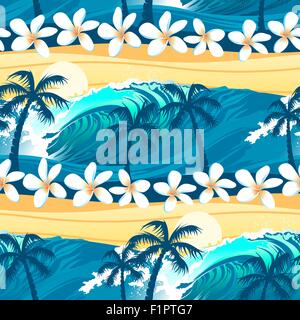 Surf tropicale avec palmiers seamless pattern. Illustration de Vecteur