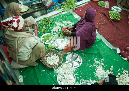 Amritsar, Punjab, en Inde. Le Temple d'Or - Harmandir Sahib ; trois femmes siègent à la préparation des repas, cuisine Langar pois à écosser, éplucher l'ail. Banque D'Images