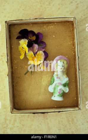 Petite boîte en carton contenant posy de jaune et lilas pensées et demi-porcelaine poupée d'assise de l'axe Banque D'Images