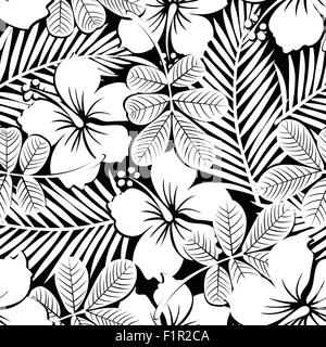 Noir et blanc fleurs d'hibiscus et de plantes tropicales modèle transparente . Illustration de Vecteur