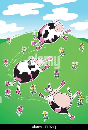 Les vaches sur une colline verte danser . Illustration de Vecteur