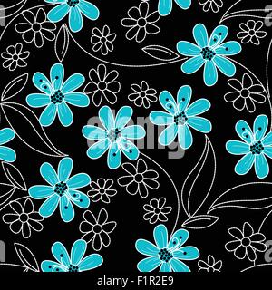 Fleurs bleu clair sur noir et blanc dans un motif de broderie transparente . Illustration de Vecteur