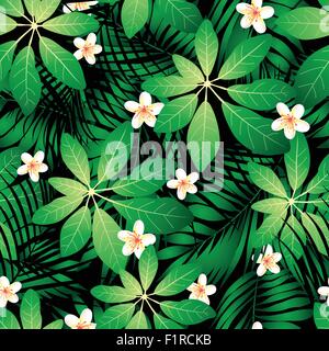 Frangipani tropicales modèle transparent avec des feuilles de palmier. Illustration de Vecteur