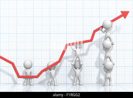 Dude personnages 3D X7 les gens d'affaires poussant Red Graph. Light Blue une grille 3D'arrière-plan. Banque D'Images