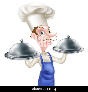 Une illustration d'une caricature chef holding deux plaques de métal de l'argent de coupoles Banque D'Images