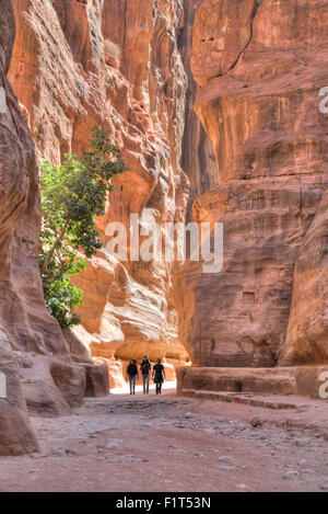 Les touristes en se promenant dans le siq, Petra, Site du patrimoine mondial de l'UNESCO, la Jordanie, Moyen-Orient Banque D'Images