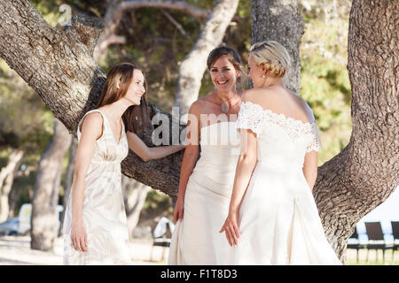 Mariée et demoiselles en conversation sur réception de mariage Banque D'Images