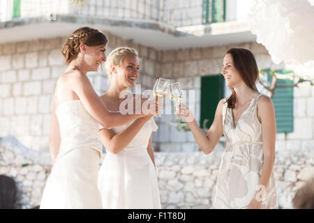 Mariée et demoiselles d'toasting sur wedding party Banque D'Images