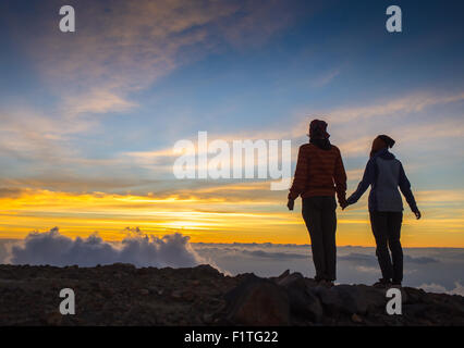 Silhouette Couple amoureux pendant le coucher du soleil - touching noses Banque D'Images