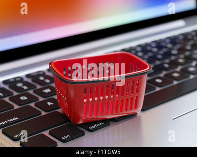 Illustration de l'achat sur internet et les achats en ligne concept, soft focus Avis de supermarché panier vide sur l'ordinateur Banque D'Images