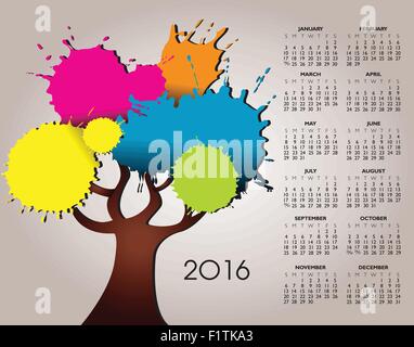 Un arbre et Nature 2016 Calendrier avec Splatter Illustration de Vecteur