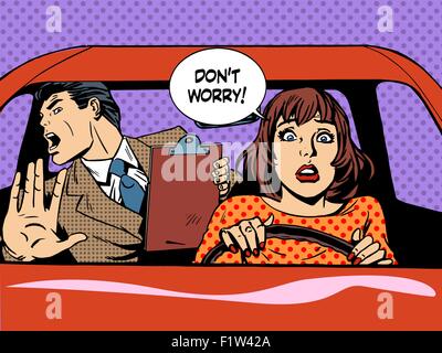 Auto-école pilote femme calme panique Illustration de Vecteur