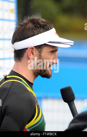 Edmonton, Canada. 7 Septembre, 2015. Richard Murrey (RSA) prend part à l'UIT WTS Edmonton 2015 hommes d'élite. Série mondiale de triathlon ITU. Le 7 septembre 2015. Edmonton, Alberta, Canada. Credit : Anatoliy Cherkasov/Alamy Live News Banque D'Images