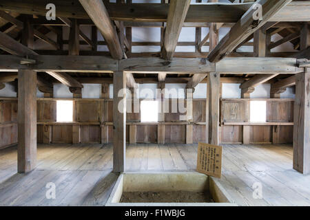 Le Japon, Bitchu Takahashi, Matsuyama Castle. Intérieur de la conserver avec le nagu-irori, long foyer creux au milieu et les détails de construction du toit. Banque D'Images