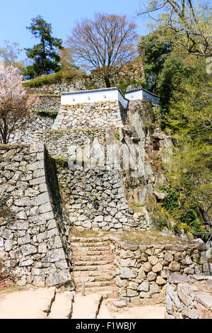 Le Japon, Bitchu Takahashi, Matsuyama Castle. Murs en pierre, Ishigaki, de l'Otemon ruiné Gate, avec le Sannomaru, Bailey et Umaya Bailey au-dessus. Banque D'Images