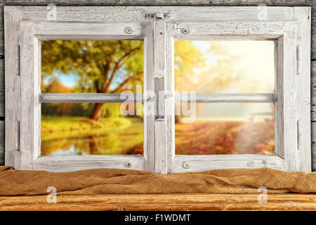 Fenêtre en bois Vintage donnent sur les arbres d'automne Banque D'Images