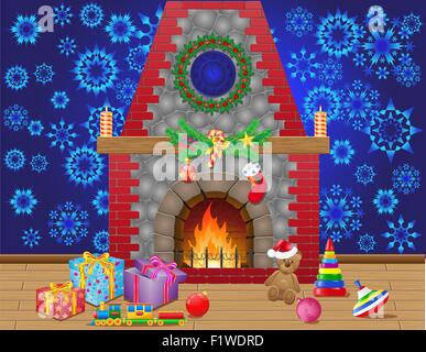 Salle avec cheminée avec Noël cadeaux et décoration vector illustration Illustration de Vecteur