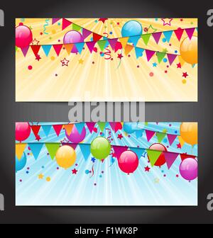 Résumé des bannières avec des ballons colorés, accrochant des drapeaux et confe Illustration de Vecteur