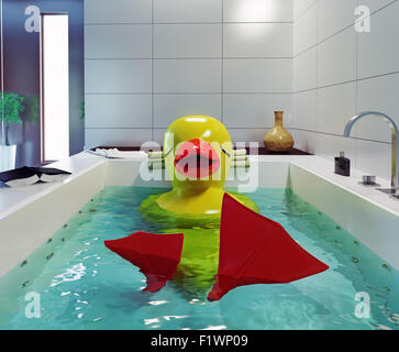 Le grand canard en caoutchouc se détendre dans la salle de bains. Concept créatif 3d Banque D'Images