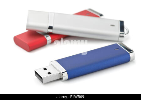 Trois ports USB flash drives isolated on white Banque D'Images