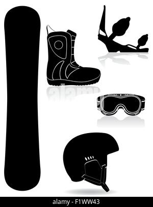 Définir l'équipement pour les icônes snowboard silhouette noire vector illustration isolé sur fond blanc Illustration de Vecteur