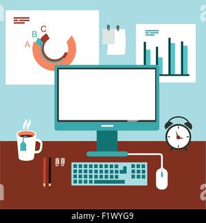 Office de bureau avec ordinateur et illustration graphique Illustration de Vecteur