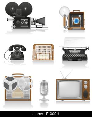 Vintage et vieux jeu d'équipement de l'art icônes vidéo photo enregistrement téléphone tv satellite radio écrit vector illustration isolated on white backg Illustration de Vecteur