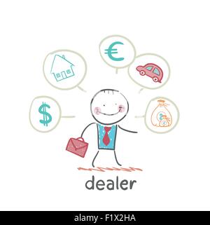Dealer pense de devises, maison, voiture, argent Illustration de Vecteur