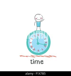 Un homme se tient sur l'horloge Illustration de Vecteur