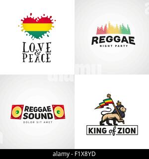 Ensemble de la musique reggae vector design. L'amour et la paix concept. Lion de Juda avec un rastafari drapeau. Illustration logo King Zion. Illustration de Vecteur