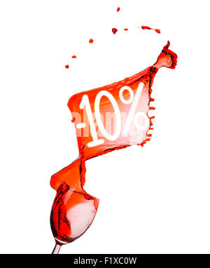 Vin rouge splash. 10 pour cent. Discount Vente Isolé sur fond blanc. Banque D'Images