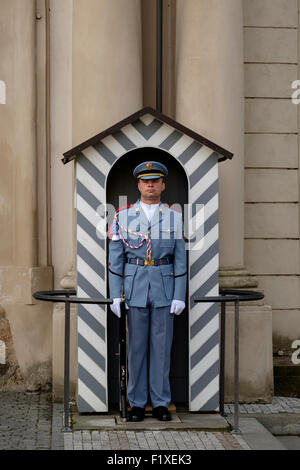 Garde présidentielle à son poste en face d'une guérite, le château de Hradcany, Prague, République Tchèque, Europe Banque D'Images