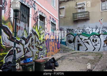 Graffiti sur mur et ordures sur jardin à Lisbonne, Portugal