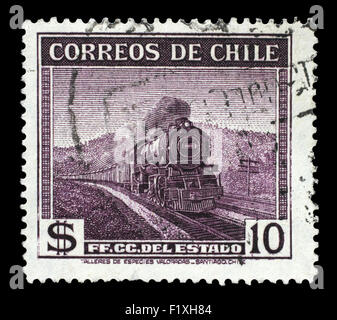 Timbres au Chili, montre l'état des locomotives de chemin de fer, vers 1938 Banque D'Images