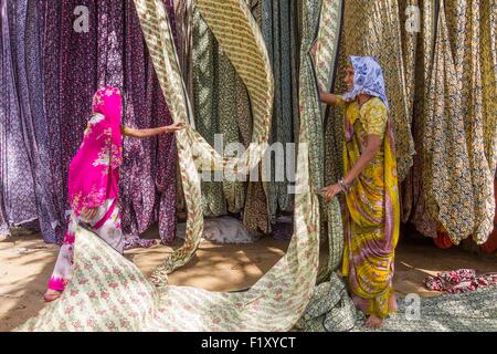 L'Inde, Rajasthan, Sanganer, usine de textile, collection de textiles à sec Banque D'Images