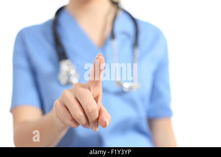 L'infirmière ou le médecin de la sélection quelque chose de vide avec le doigt à la caméra isolé sur fond blanc Banque D'Images