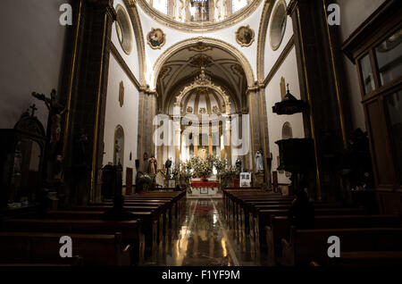 Vue large de l’intérieur de l’église de San Bernardo à Mexico | MEXICO CITY, Mexique — Une vue grand angle depuis le fond de la nef de l’église de San Bernardo encadre l’abside néoclassique dorée et son dôme sculpté, flanqué de pilastres à faces en tezontle sombre qui révèlent les ossatures coloniales baroques de l’église. La nef visible ici est le vestige raccourci post-1936 — lorsque la ville a prolongé l’Avenida 20 de Noviembre jusqu’au Zócalo, l’église a été réduite à environ la moitié de sa longueur d’origine, et un groupe de crucifixion ainsi qu’une chaire en bois sculpté subsistent le long des murs latéraux de l’intérieur raccourci. Banque D'Images