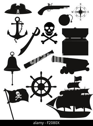 Ensemble d'icônes pirate silhouette noire vector illustration isolé sur fond blanc Illustration de Vecteur